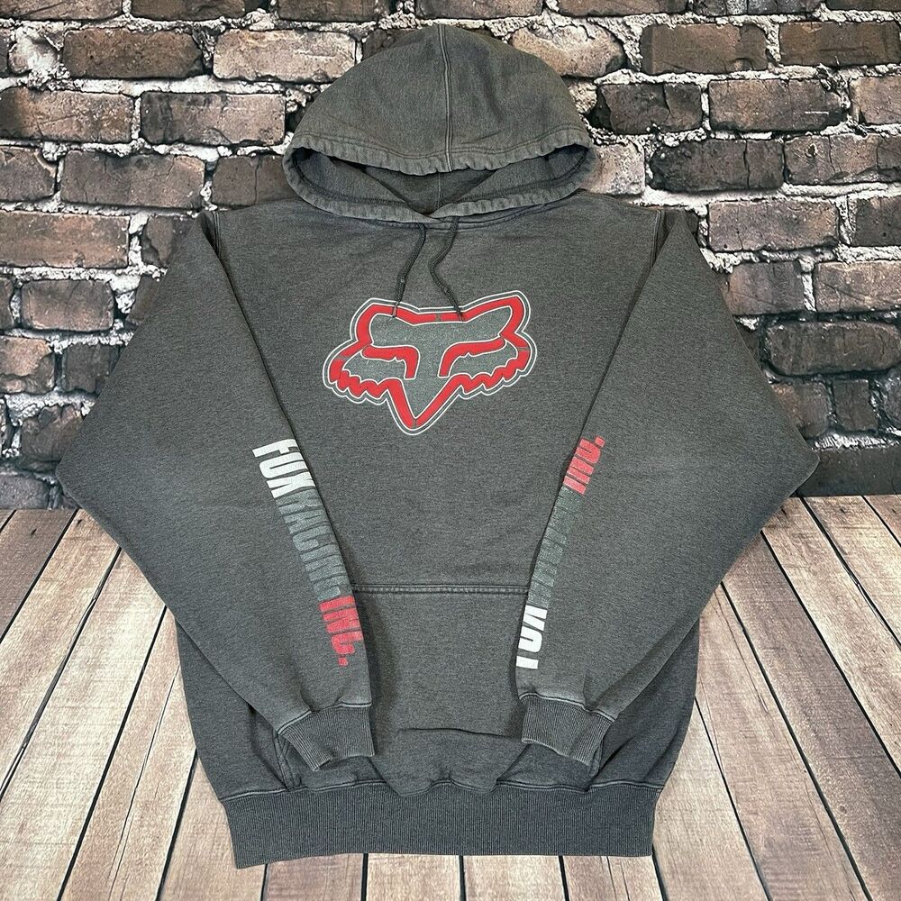 Vintage Fox Racing 90s Hoodie Sweatshirt Gray Faded W/ Sleeve Hits Mens Medium M